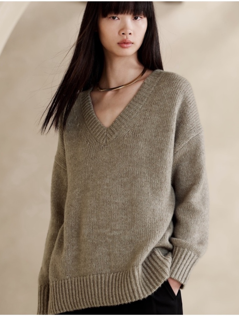 Banana Republic Salma Oversized Wool-Cotton Sweater in Grounded Taupe Size XL
